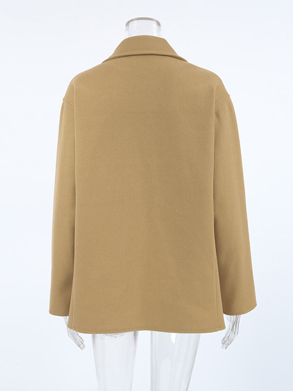 Camel Double Breasted Women Pea Coat - Minimalist Notch Lapel Boxy Fit - Quiet Luxury Spring Streetwear 2026