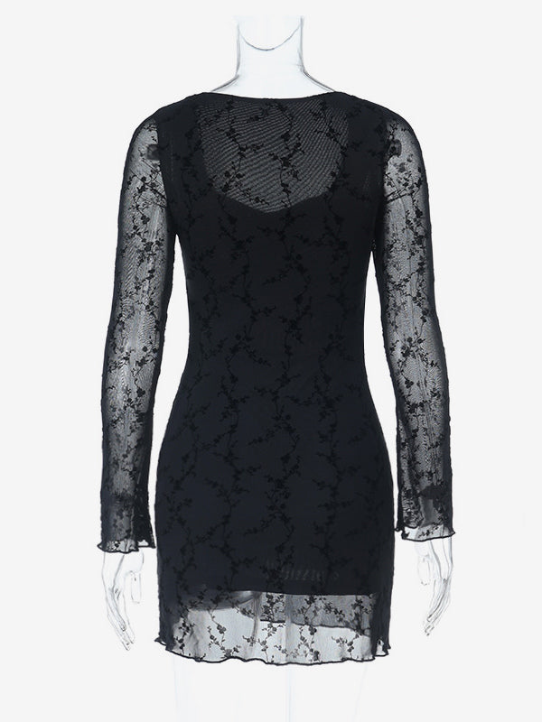 Vintage Floral Lace Women Bodycon Mini Dress - Sexy Sheer Long Sleeve Square Neck - Coquette Aesthetic Spring Date Night 2026