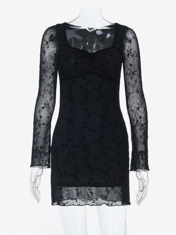 Vintage Floral Lace Women Bodycon Mini Dress - Sexy Sheer Long Sleeve Square Neck - Coquette Aesthetic Spring Date Night 2026