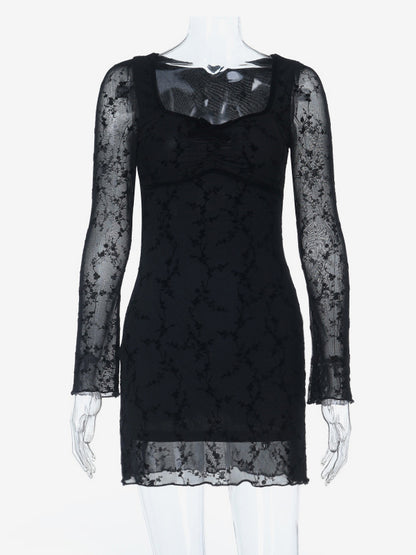 Vintage Floral Lace Women Bodycon Mini Dress - Sexy Sheer Long Sleeve Square Neck - Coquette Aesthetic Spring Date Night 2026