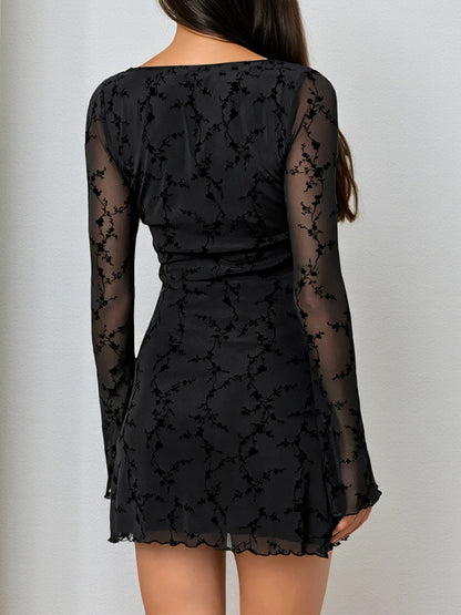 Vintage Floral Lace Women Bodycon Mini Dress - Sexy Sheer Long Sleeve Square Neck - Coquette Aesthetic Spring Date Night 2026