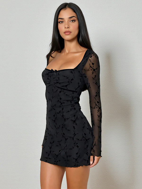 Vintage Floral Lace Women Bodycon Mini Dress - Sexy Sheer Long Sleeve Square Neck - Coquette Aesthetic Spring Date Night 2026