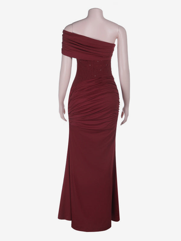 Burgundy One Shoulder Women's Maxi Gown - Elegant Ruched Bodycon Long Dress - Old Money Aesthetic Evening Party Wear 2026