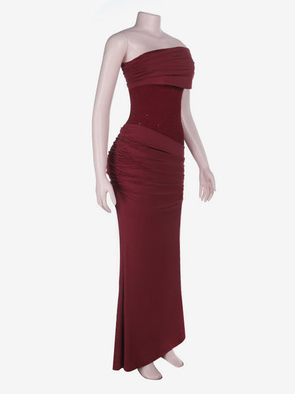 Burgundy One Shoulder Women's Maxi Gown - Elegant Ruched Bodycon Long Dress - Old Money Aesthetic Evening Party Wear 2026