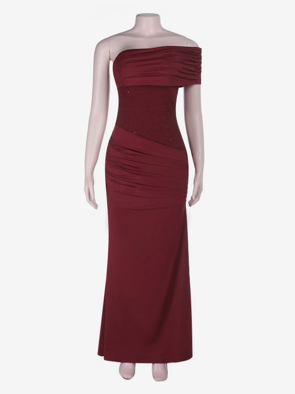 Burgundy One Shoulder Women's Maxi Gown - Elegant Ruched Bodycon Long Dress - Old Money Aesthetic Evening Party Wear 2026