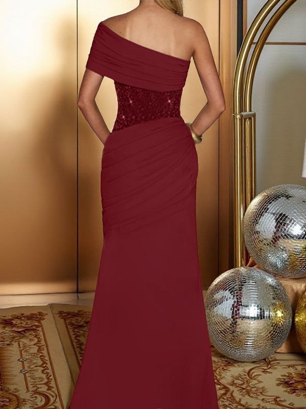 Burgundy One Shoulder Women's Maxi Gown - Elegant Ruched Bodycon Long Dress - Old Money Aesthetic Evening Party Wear 2026