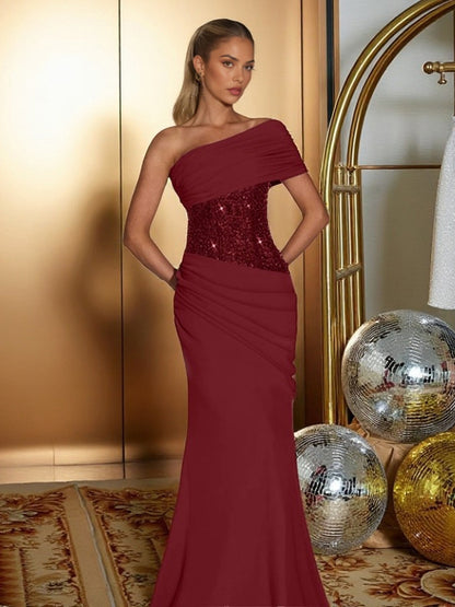 Burgundy One Shoulder Women's Maxi Gown - Elegant Ruched Bodycon Long Dress - Old Money Aesthetic Evening Party Wear 2026