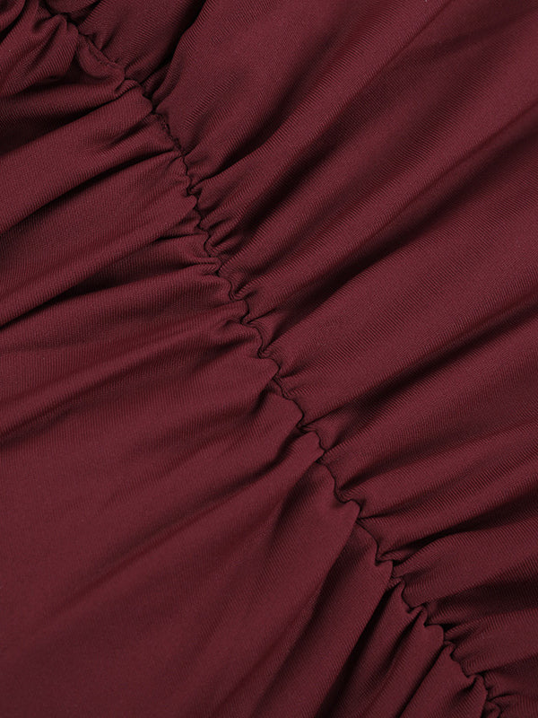 Burgundy One Shoulder Women's Maxi Gown - Elegant Ruched Bodycon Long Dress - Old Money Aesthetic Evening Party Wear 2026