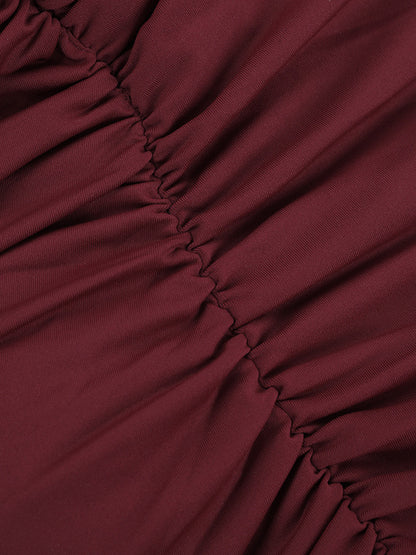 Burgundy One Shoulder Women's Maxi Gown - Elegant Ruched Bodycon Long Dress - Old Money Aesthetic Evening Party Wear 2026