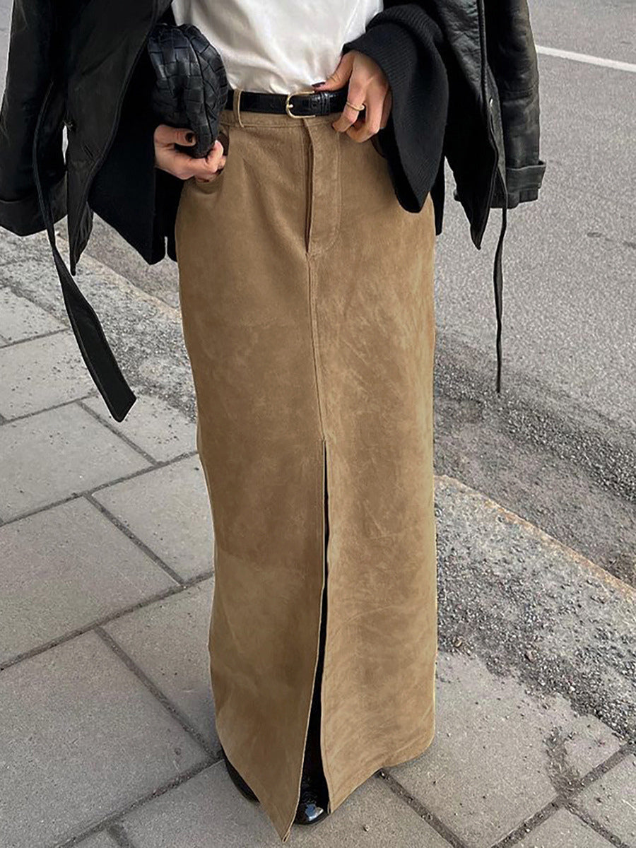 Faux Suede Women Maxi Skirt - Chic Front Slit High Waisted - Quiet Luxury Spring Streetwear 2026