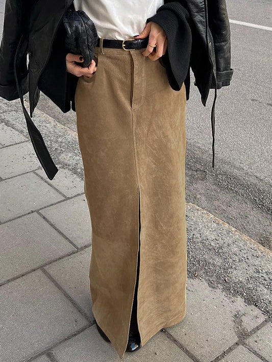 Faux Suede Women Maxi Skirt - Chic Front Slit High Waisted - Quiet Luxury Spring Streetwear 2026