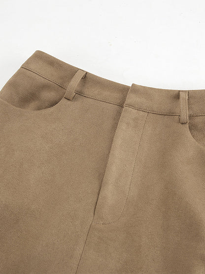 Faux Suede Women Maxi Skirt - Chic Front Slit High Waisted - Quiet Luxury Spring Streetwear 2026
