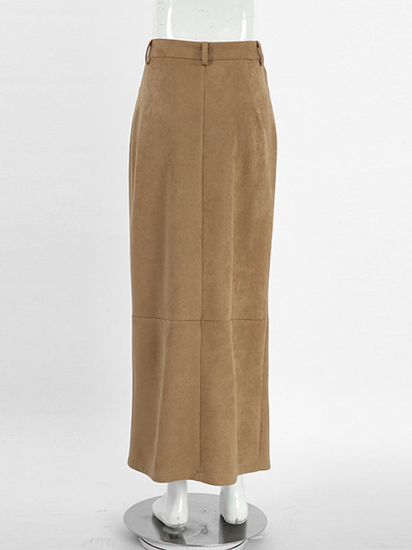 Faux Suede Women Maxi Skirt - Chic Front Slit High Waisted - Quiet Luxury Spring Streetwear 2026