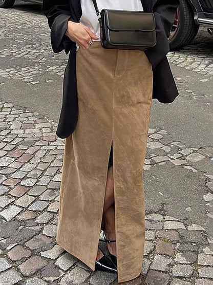 Faux Suede Women Maxi Skirt - Chic Front Slit High Waisted - Quiet Luxury Spring Streetwear 2026