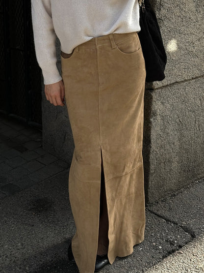 Faux Suede Women Maxi Skirt - Chic Front Slit High Waisted - Quiet Luxury Spring Streetwear 2026
