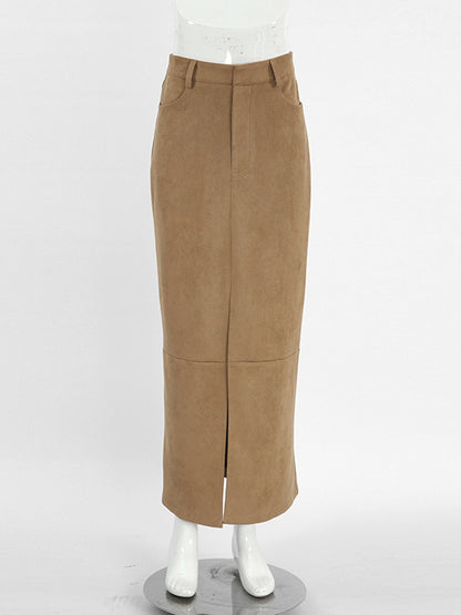Faux Suede Women Maxi Skirt - Chic Front Slit High Waisted - Quiet Luxury Spring Streetwear 2026