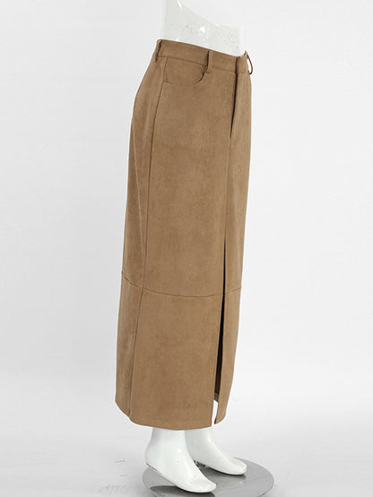 Faux Suede Women Maxi Skirt - Chic Front Slit High Waisted - Quiet Luxury Spring Streetwear 2026