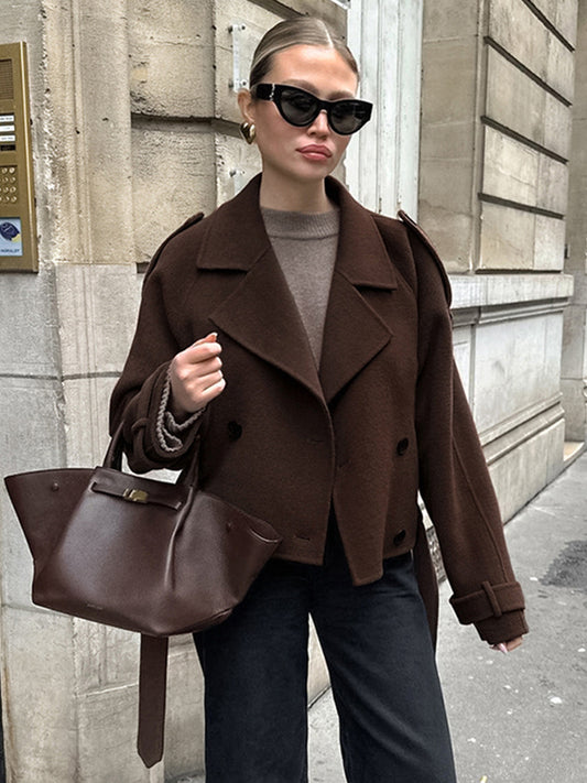 Double Breasted Women's Short Jacket - Chic Belted Cropped Fit - Quiet Luxury Spring Casual Streetwear 2026
