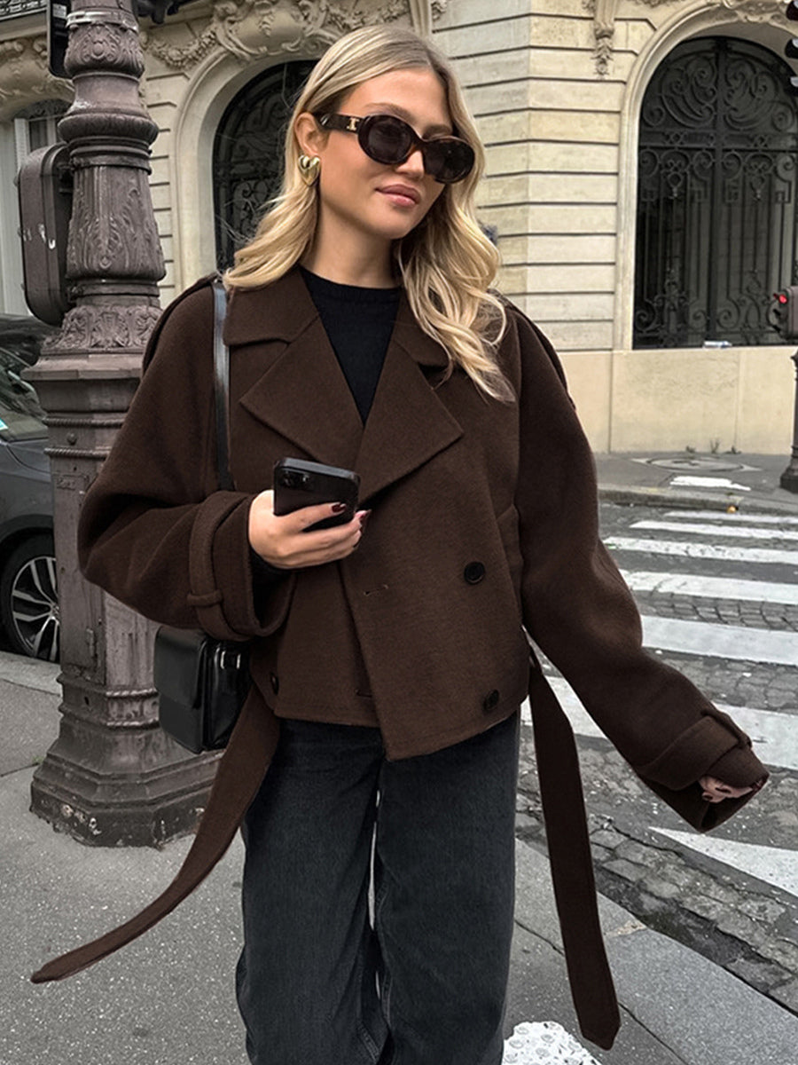 Double Breasted Women's Short Jacket - Chic Belted Cropped Fit - Quiet Luxury Spring Casual Streetwear 2026