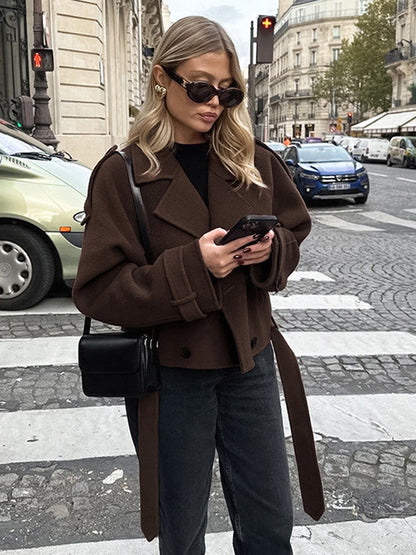 Double Breasted Women's Short Jacket - Chic Belted Cropped Fit - Quiet Luxury Spring Casual Streetwear 2026