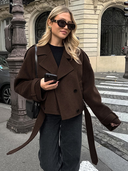 Double Breasted Women's Short Jacket - Chic Belted Cropped Fit - Quiet Luxury Spring Casual Streetwear 2026
