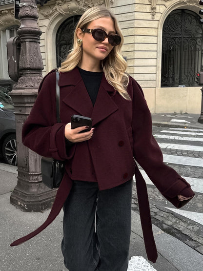Double Breasted Women's Short Jacket - Chic Belted Cropped Fit - Quiet Luxury Spring Casual Streetwear 2026