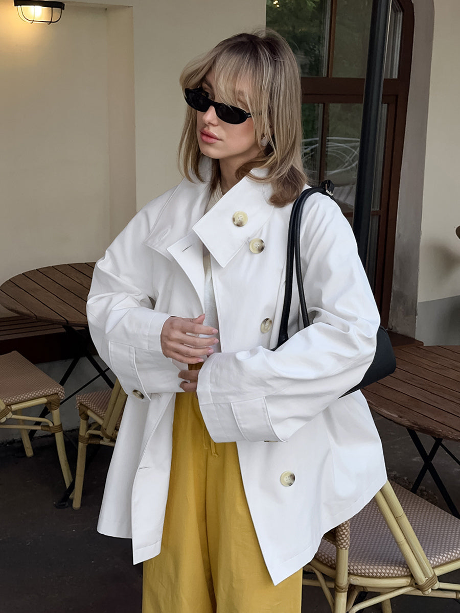 Cotton Blend Women's Trench Jacket - Minimalist Double Breasted Wide Sleeve Oversized Fit - Spring Casual Streetwear 2026