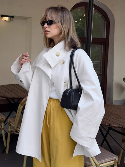 Cotton Blend Women's Trench Jacket - Minimalist Double Breasted Wide Sleeve Oversized Fit - Spring Casual Streetwear 2026
