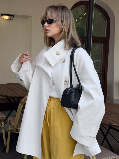 Cotton Blend Women's Trench Jacket - Minimalist Double Breasted Wide Sleeve Oversized Fit - Spring Casual Streetwear 2026