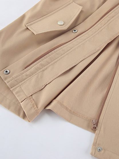 Khaki Stand Collar Women's Windbreaker Jacket - Chic Drawstring Waist Loose Fit - Utility Cargo Style Spring Streetwear 2026