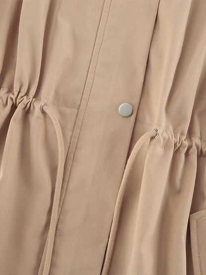 Khaki Stand Collar Women's Windbreaker Jacket - Chic Drawstring Waist Loose Fit - Utility Cargo Style Spring Streetwear 2026