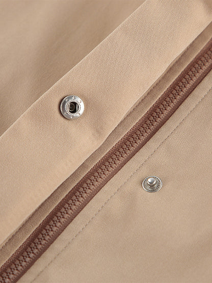 Khaki Stand Collar Women's Windbreaker Jacket - Chic Drawstring Waist Loose Fit - Utility Cargo Style Spring Streetwear 2026