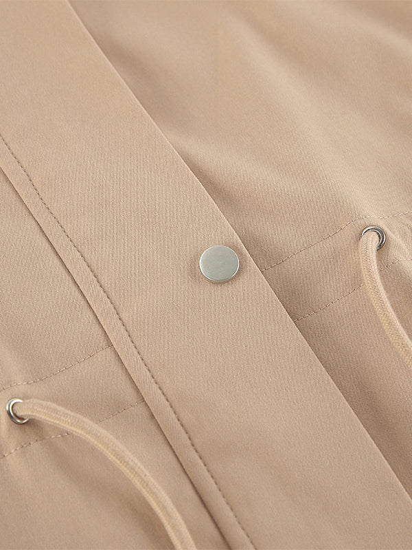 Khaki Stand Collar Women's Windbreaker Jacket - Chic Drawstring Waist Loose Fit - Utility Cargo Style Spring Streetwear 2026