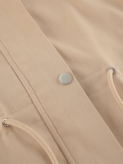 Khaki Stand Collar Women's Windbreaker Jacket - Chic Drawstring Waist Loose Fit - Utility Cargo Style Spring Streetwear 2026