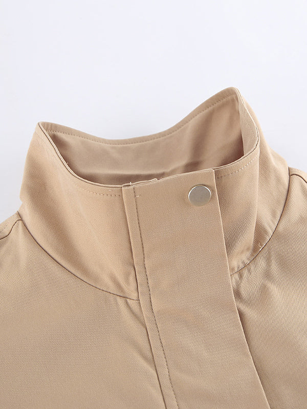 Khaki Stand Collar Women's Windbreaker Jacket - Chic Drawstring Waist Loose Fit - Utility Cargo Style Spring Streetwear 2026