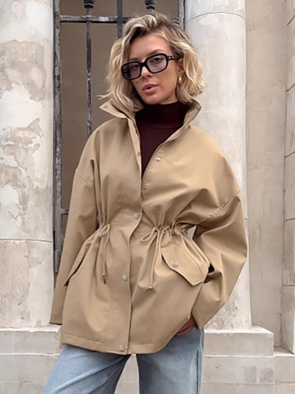 Khaki Stand Collar Women's Windbreaker Jacket - Chic Drawstring Waist Loose Fit - Utility Cargo Style Spring Streetwear 2026