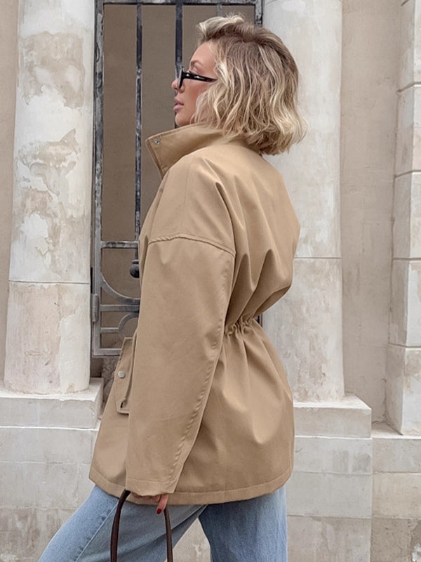 Khaki Stand Collar Women's Windbreaker Jacket - Chic Drawstring Waist Loose Fit - Utility Cargo Style Spring Streetwear 2026