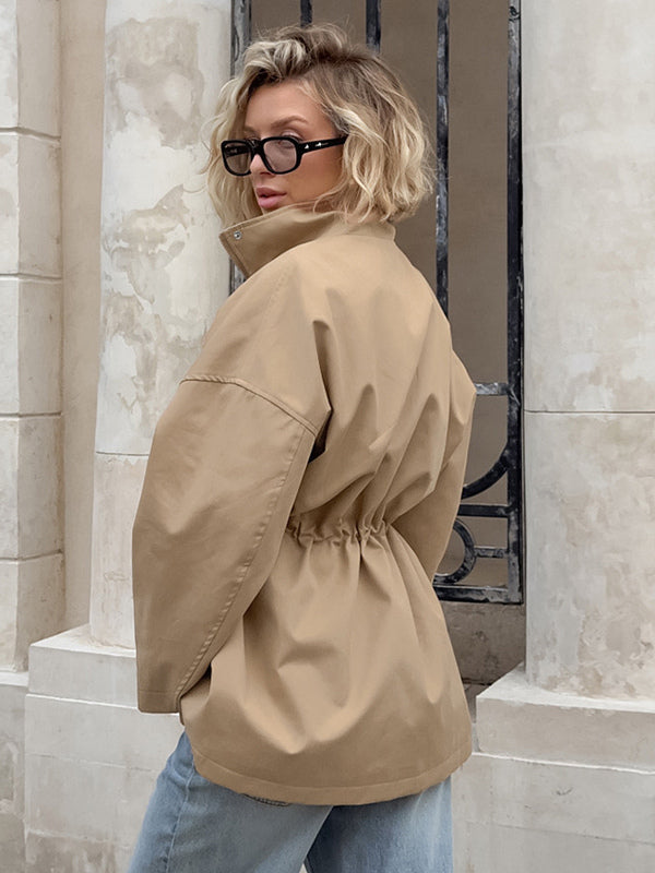 Khaki Stand Collar Women's Windbreaker Jacket - Chic Drawstring Waist Loose Fit - Utility Cargo Style Spring Streetwear 2026