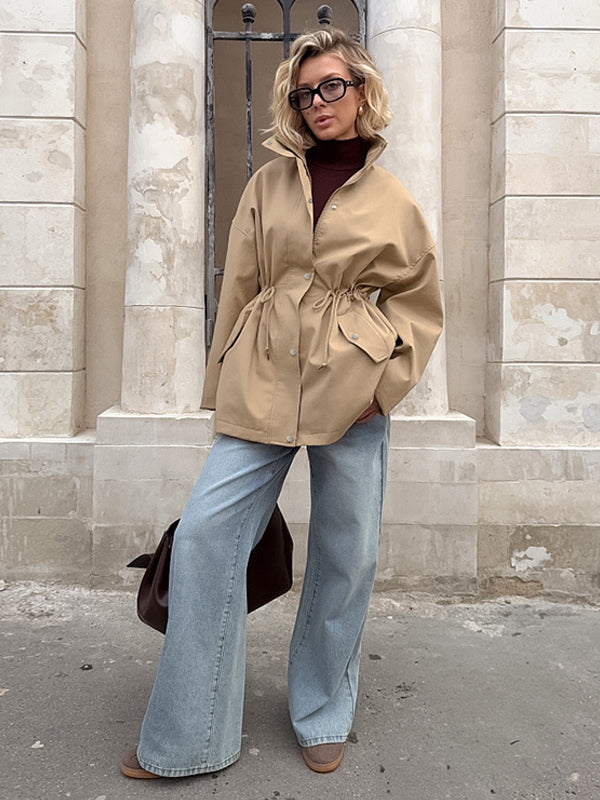 Khaki Stand Collar Women's Windbreaker Jacket - Chic Drawstring Waist Loose Fit - Utility Cargo Style Spring Streetwear 2026