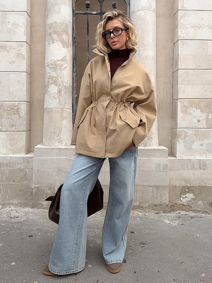 Khaki Stand Collar Women's Windbreaker Jacket - Chic Drawstring Waist Loose Fit - Utility Cargo Style Spring Streetwear 2026