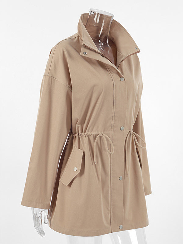 Khaki Stand Collar Women's Windbreaker Jacket - Chic Drawstring Waist Loose Fit - Utility Cargo Style Spring Streetwear 2026