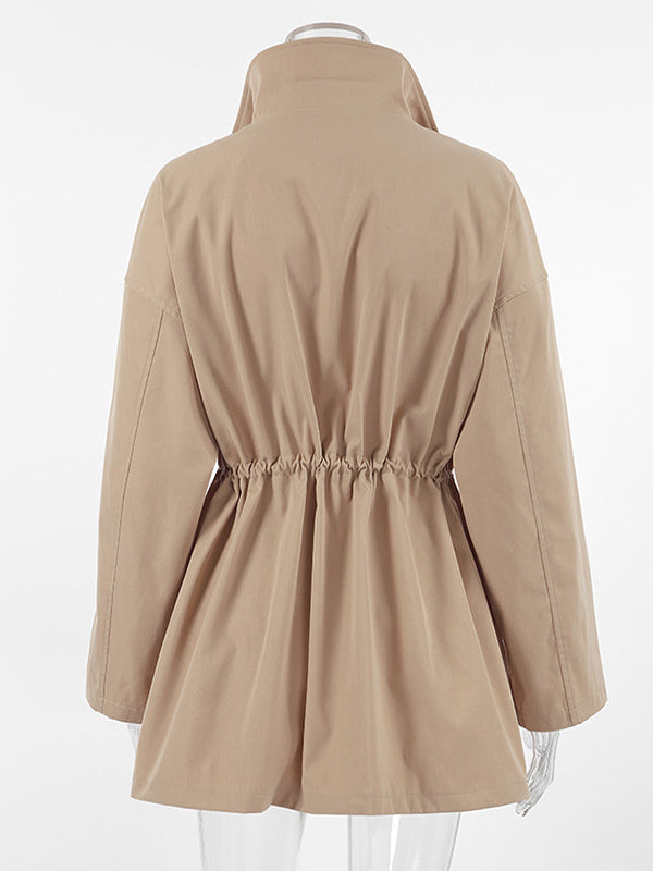 Khaki Stand Collar Women's Windbreaker Jacket - Chic Drawstring Waist Loose Fit - Utility Cargo Style Spring Streetwear 2026