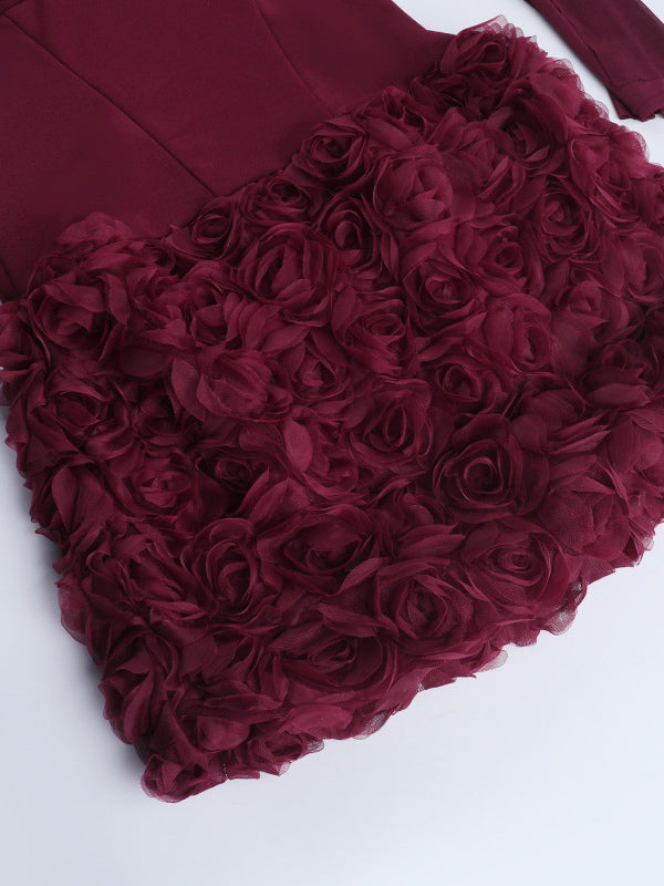 3D Rose Petal Hem Burgundy Women Mini Dress - Romantic Bodycon Dress With Scarf - Coquette Aesthetic Summer Party Outfit 2026