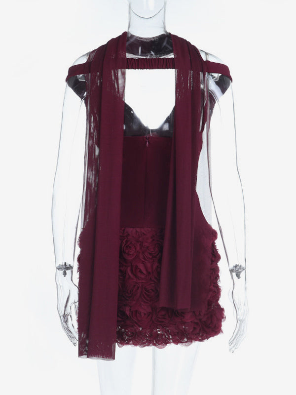 3D Rose Petal Hem Burgundy Women Mini Dress - Romantic Bodycon Dress With Scarf - Coquette Aesthetic Summer Party Outfit 2026