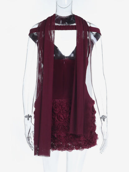 3D Rose Petal Hem Burgundy Women Mini Dress - Romantic Bodycon Dress With Scarf - Coquette Aesthetic Summer Party Outfit 2026