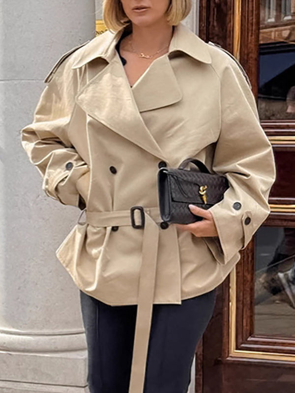 Double Breasted Women's Trench Coat - Classic Lapel Belted Short Windbreaker - Oversized Spring Casual Streetwear 2026
