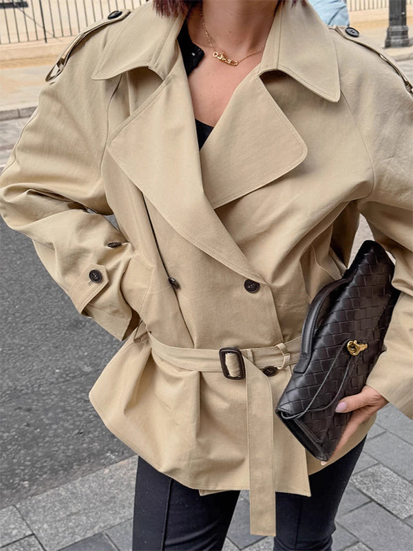 Double Breasted Women's Trench Coat - Classic Lapel Belted Short Windbreaker - Oversized Spring Casual Streetwear 2026