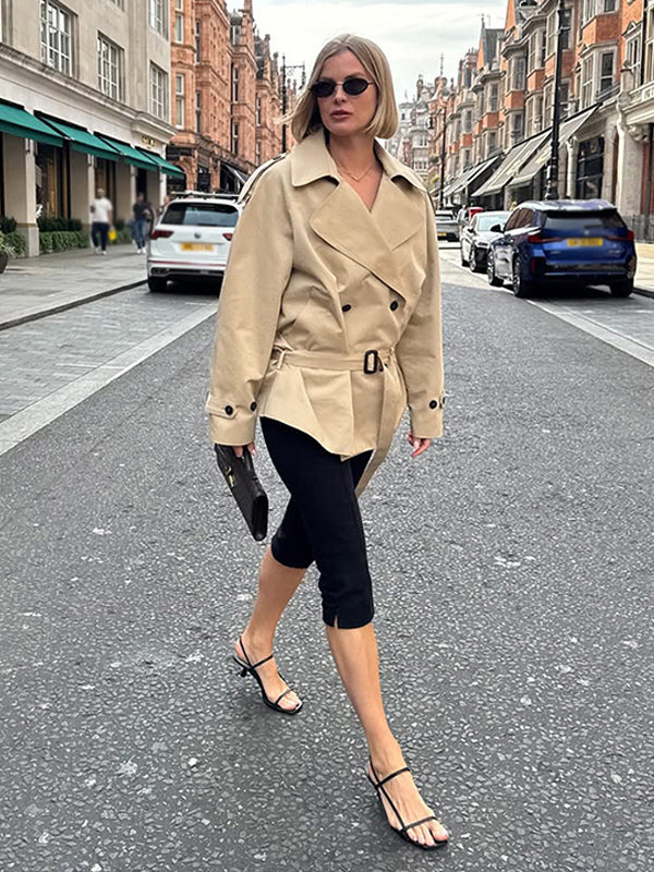 Double Breasted Women's Trench Coat - Classic Lapel Belted Short Windbreaker - Oversized Spring Casual Streetwear 2026