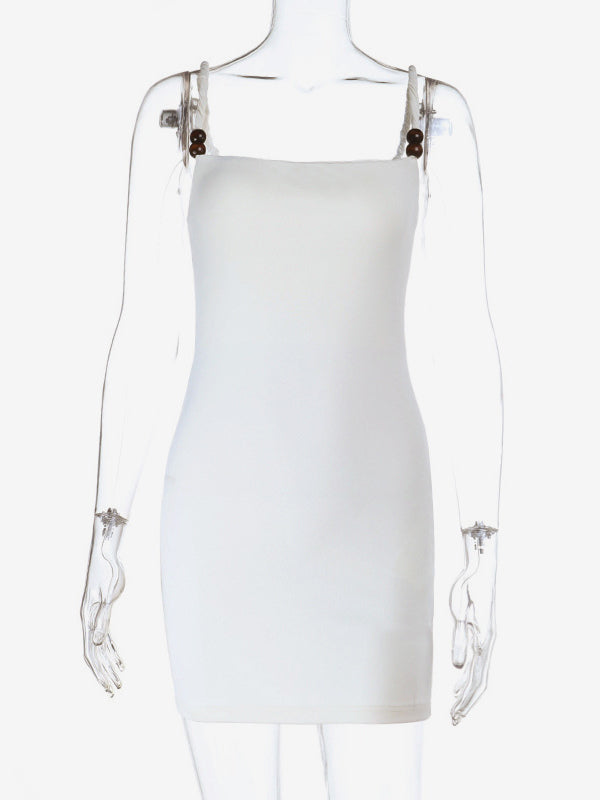 Beaded Strap Women's Mini Dress - Minimalist White Cami Bodycon - Coastal Grandmother Summer Vacation Beach Dress 2026