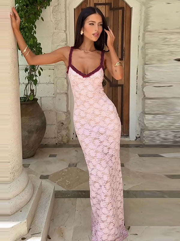 Floral Lace Women's Maxi Dress - Coquette Aesthetic Cami Slip - French Romantic Summer Party Long Gown 2026